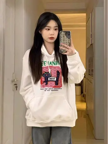 美式复古卫衣女2023春秋薄款宽松小个子高级感上衣慵懒风连帽外套商品大图