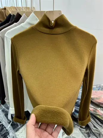 加绒加厚针织T恤高领羊绒上衣小衫女2022冬款修身保暖内搭打底衫商品大图