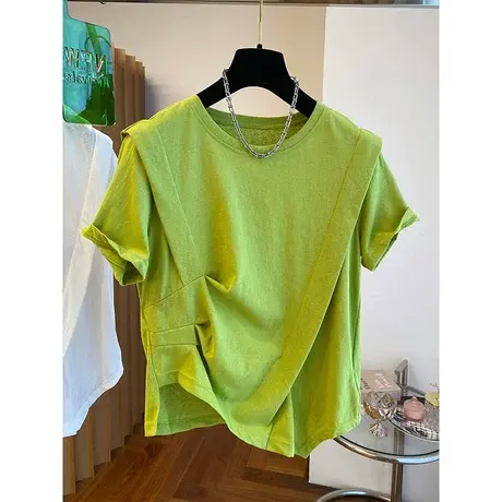 2023春夏新款设计感小众不规则短袖t恤女宽松小个子短款绿色上衣图片
