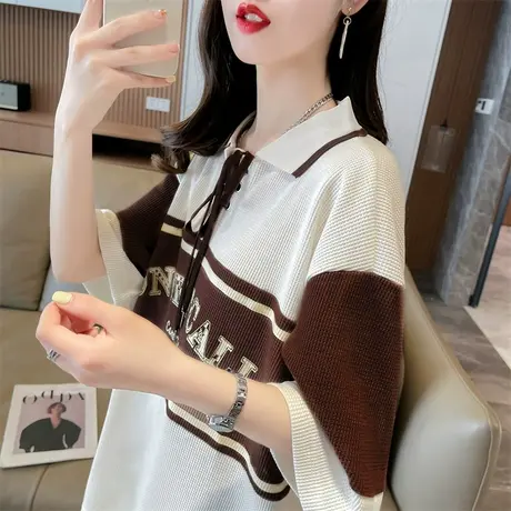 翻领polo衫短袖t恤女夏季韩版宽松大码女装中长款撞色华夫格上衣商品大图