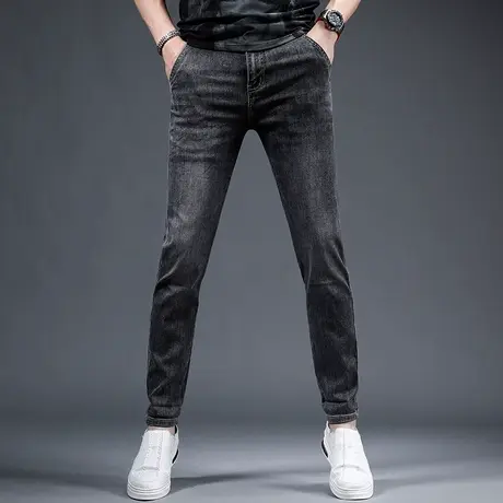 黑色牛仔裤男韩版潮流夏季薄款修身小脚高弹力简约休闲男士牛仔裤商品大图