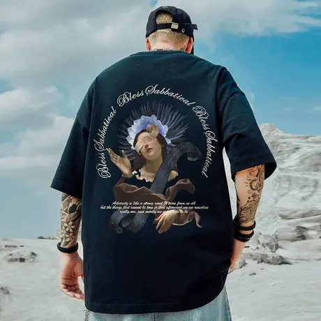 高街短袖t恤大码男装纯棉宽松情侣夏季oversize美式上衣服ins潮牌商品大图