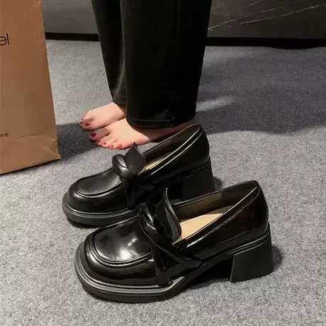 黑色小皮鞋女春季2023新款小众粗跟乐福单鞋英伦复古不累脚高跟鞋商品大图