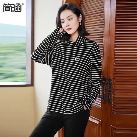 简涵大码女装2023秋冬新款半高领打底衫加肥加大黑白间条保暖上衣图片