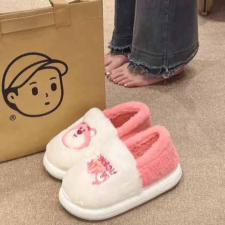 毛绒棉拖鞋女冬季室内外穿可爱小熊拼色家居防滑厚底保暖月子棉鞋商品大图