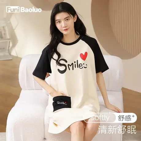睡裙夏季女纯棉短袖新款可外穿可爱连体群宽松中长款学生睡衣宽松商品大图