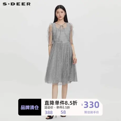 sdeer圣迪奥女装网纱收腰泡泡袖披肩两件套连衣裙S232Z1263图片