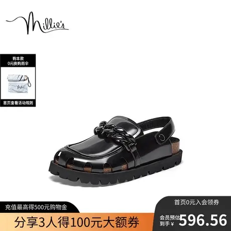 妙丽洞洞鞋真皮软木勃肯鞋新品拖鞋外穿凉鞋黑色牛皮丑萌大头鞋图片