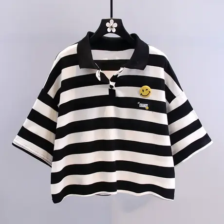 笑脸条纹短袖t恤女夏季2023年新款韩版宽松学院风减龄polo领上衣商品大图