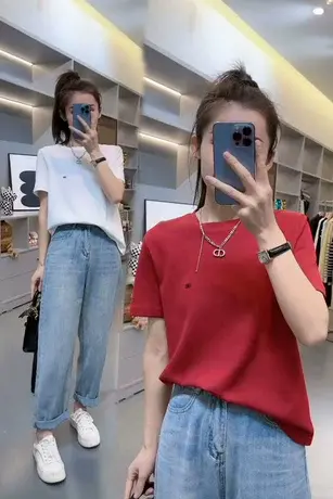 2023春夏季时尚刺绣字母纯色短袖T恤女基础款百搭宽松休闲上衣潮图片