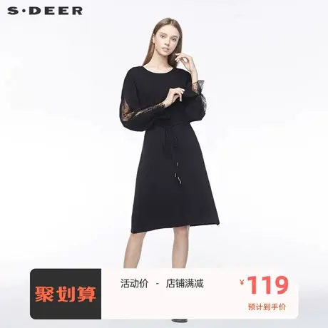 sdeer圣迪奥罗纹圆领松紧蕾丝拼接收腰针织连衣裙S19481224图片