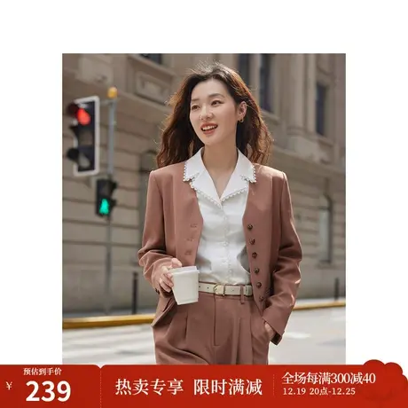 茵曼短款西装外套2023秋女装新款V领正肩长袖显瘦百搭通勤上衣图片