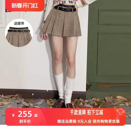 【送腰带】妖精的口袋格纹百褶裙女2023秋季新款高腰学院风半身裙图片