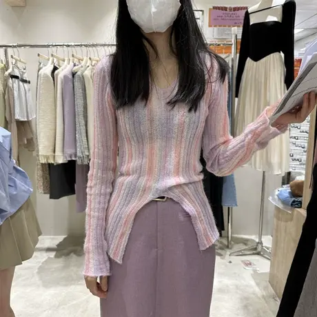 2023春季新款韩版简约修身显瘦开叉V领条纹针织衫洋气套头上衣女商品大图