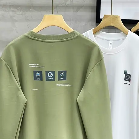 春秋季新款卫衣男圆领贴布印花拼接长袖t恤韩版宽松套头无帽打底图片