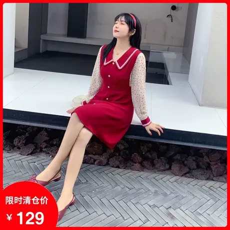 2023秋装新款大码女装拼接雪纺爱心长袖胖MM法式红色连衣裙假两件商品大图