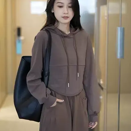 韩版设计感宽松纯色连帽卫衣女秋季洋气宽松显瘦休闲长袖T恤上衣图片