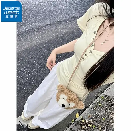 NR真维斯美式甜辣V领短袖t恤女夏季新款修身掐腰显瘦百搭针织上衣商品大图