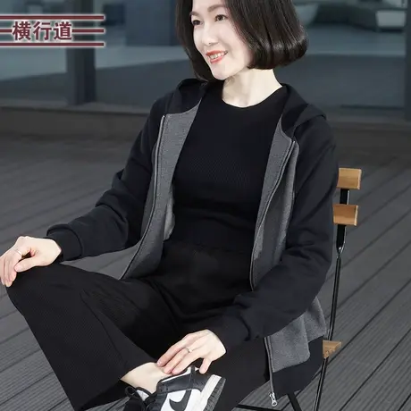 2023新款冬装连帽插肩撞色长袖外套女装加厚拉链休闲妈妈大码上衣商品大图
