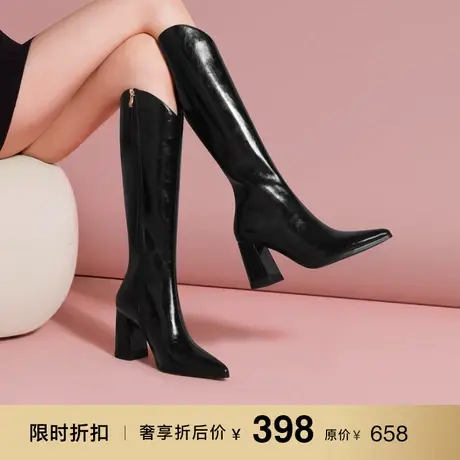 熙漫2022秋冬新款马油贴牛皮长靴优雅粗跟女靴百搭侧拉链高跟靴子商品大图
