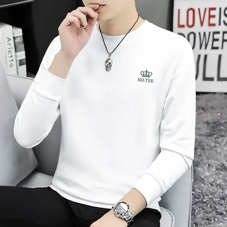 重磅纯棉白色卫衣男秋冬保暖加绒加厚摇粒绒圆领无帽全棉长袖t恤商品大图