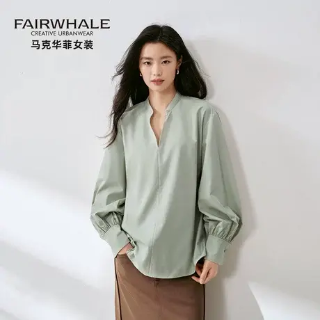 马克华菲法式立领灯笼袖衬衫女设计感小众V领免烫气质高级感上衣商品大图