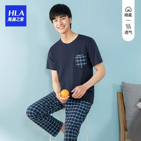 HLA/海澜之家100%棉男士家居服春夏季经典格纹短袖长裤全棉睡衣男商品大图