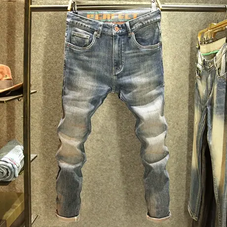 秋冬新款复古男士牛仔裤潮牌修身小直筒美式怀旧弹力休闲长裤厚款商品大图