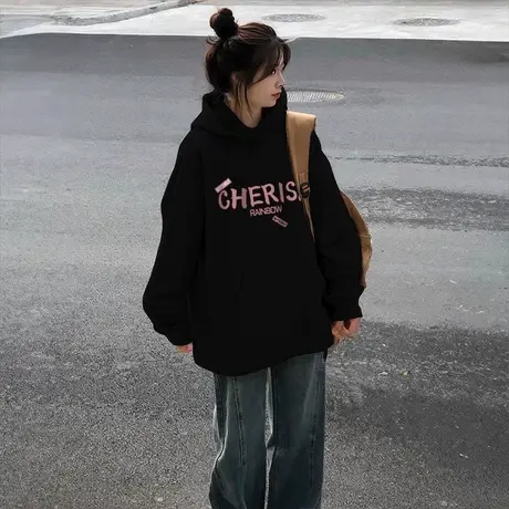 黑色连帽卫衣女2025新款爆款秋季长袖早秋外套宽松加绒加厚上衣in商品大图