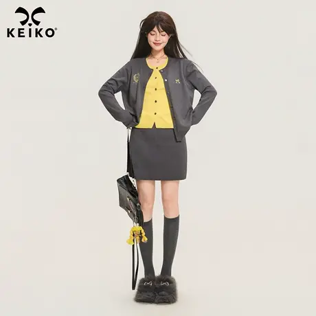 KEIKO 韩系假两件叠穿针织开衫女25秋季学院风绣标显瘦撞色薄外套商品大图