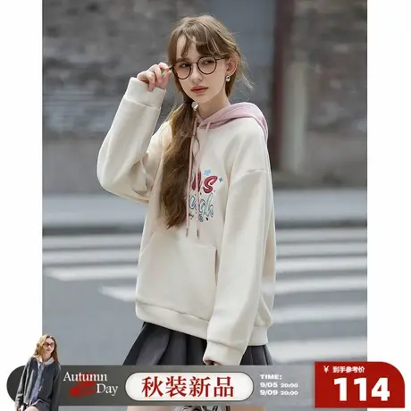 唐狮2025秋冬季卫衣女连帽拼色字母设计独特少女甜美风韩系穿搭图片