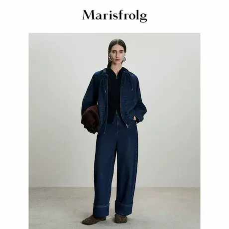 Marisfrolg玛丝菲尔25冬新款时尚蓝色水洗抽绳拼接宽松牛仔外套商品大图