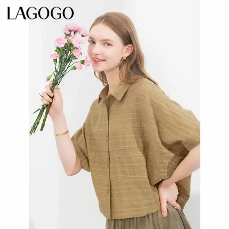 LAGOGO复古港风条纹衬衫女拉谷谷夏季新款宽松蝙蝠袖文艺休闲上衣商品大图