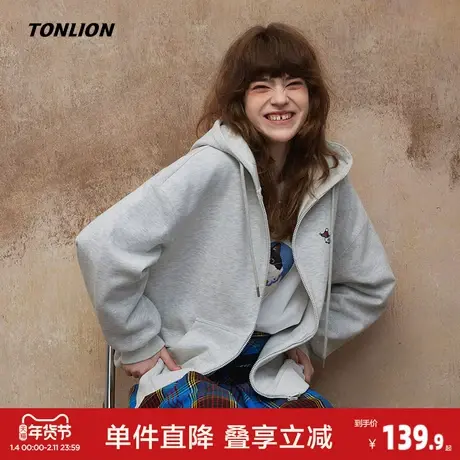 唐狮2026秋季新款外套女韩版花灰色宽松慵懒风连帽拉链开衫卫衣图片