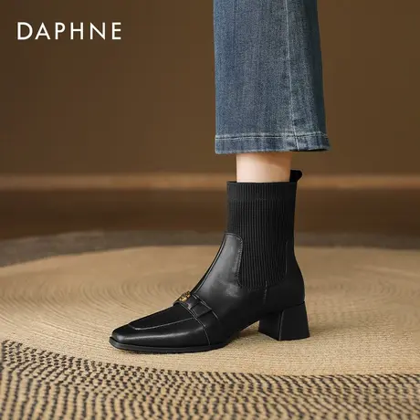 达芙妮复古袜靴女2026冬季新款小香风山茶花尖头短靴粗跟马丁靴子图片