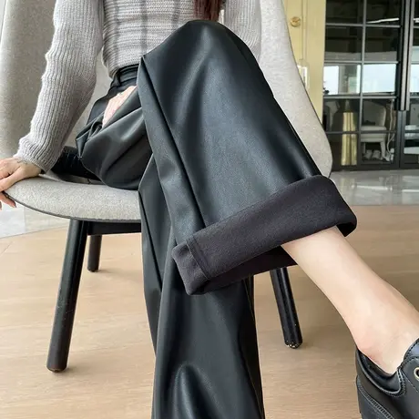 高级感黑色PU直筒阔腿皮裤女2023秋冬新款软皮垂感显瘦休闲拖地裤商品大图