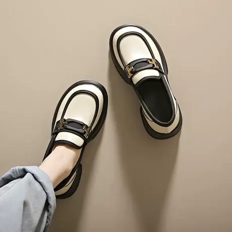 【真皮】小皮鞋女秋季2023新款英伦风白色厚底法式软底乐福鞋单鞋商品大图