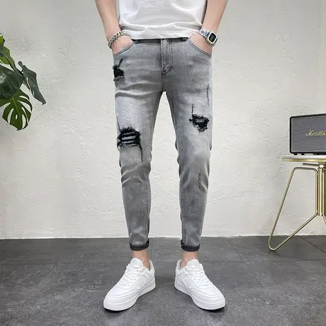 新款九分牛仔裤男款韩版修身做旧破洞潮牌小脚裤男时尚弹力铅笔裤商品大图