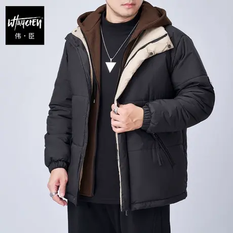 伟臣潮流大码男装冬季加厚棉衣男胖子加肥加大假两件连帽棉服外套图片