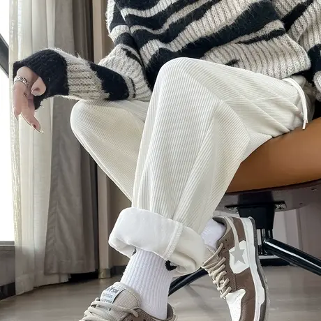 灯芯绒加绒运动裤女冬季保暖加厚哈伦松紧腰束脚宽松白色休闲裤子商品大图