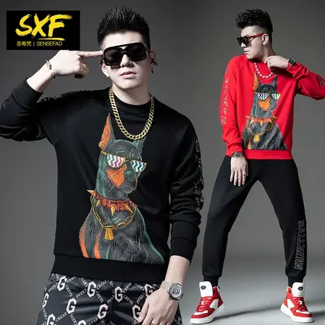 SXF圣希梵卫衣男2022新款 春季嘻哈潮牌上衣烫钻印花宽松男士卫衣图片