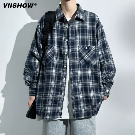 VIISHOW港风长袖格子衬衫男士春秋季新款宽松潮牌百搭休闲男衬衣商品大图