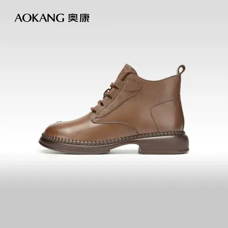 【门店发货】奥康女鞋 2023冬季新款真皮复古短靴加绒英伦马丁靴图片