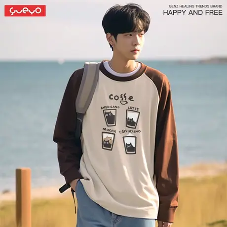 悦游 猫咖啡 日系猫咪咖啡摩卡重磅纯棉300g拼色长袖插肩T恤男图片
