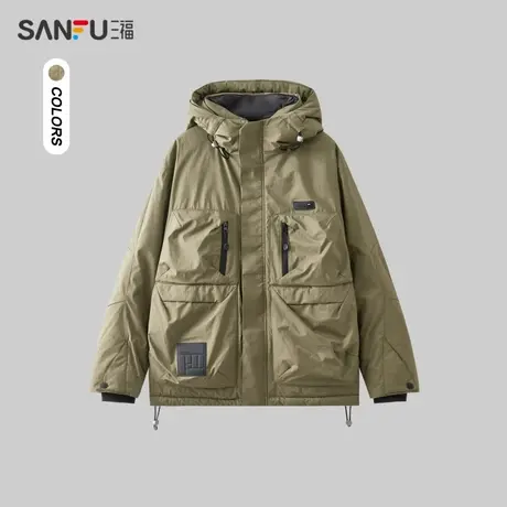 三福2023冬男士机能口袋工装羽绒服 保暖宽松连帽外套男478032商品大图