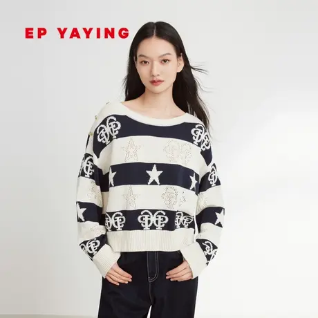 EP雅莹女装 云朵棉羊绒撞色短款宽松针织上衣 春装商场同款9568A图片
