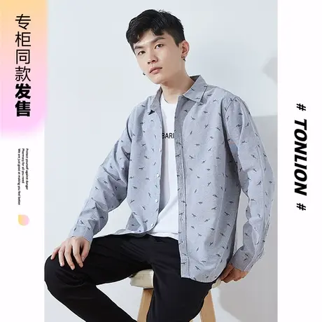 [商场同款]唐狮春秋季衬衫男满身印花长袖衬衫时尚通勤个性潮流图片