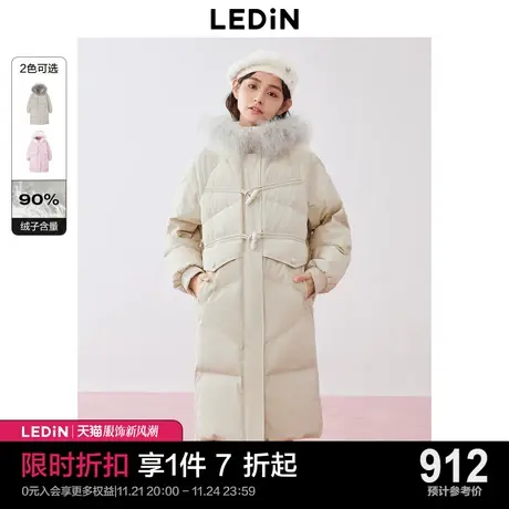 乐町插肩袖毛领羽绒服2023冬季新款牛角扣过膝长款宽松厚羽绒外套商品大图
