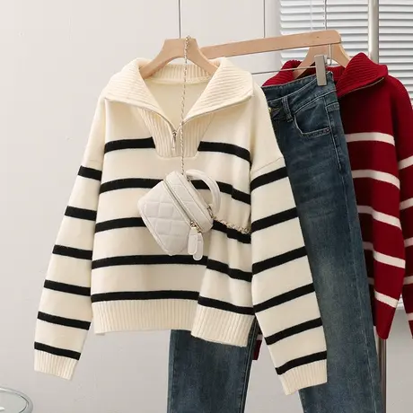 2023新款韩版宽松秋冬女士针织衫毛衣上衣拉链长袖套头条纹打底衫商品大图