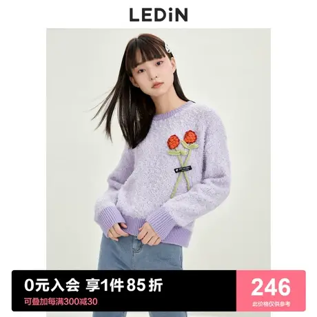 乐町钩花毛衣女宽松2023春季新款女装花纱套头上衣温柔紫色针织衫图片